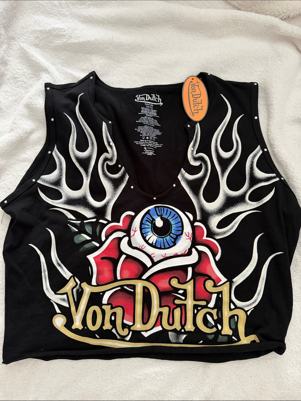 Von Dutch Black Tank with Red Rose, Blue Eye & Gold Script